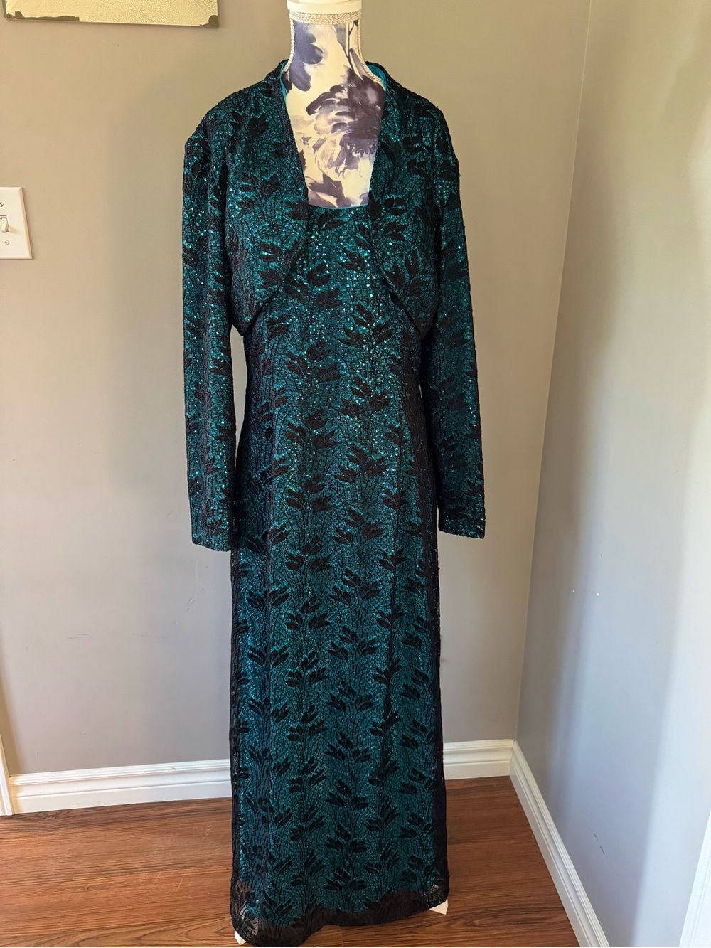 Vintage Vanessa Stevens Teal and Black Sequin Maxi Dress with Matching Jacket